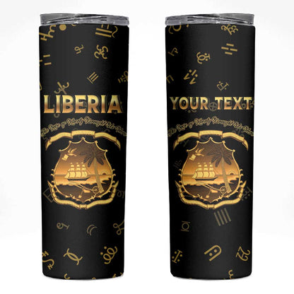 Personalized Liberia National Emblem Golden Skinny Tumbler Vai Syllabary Heritage - African Pride