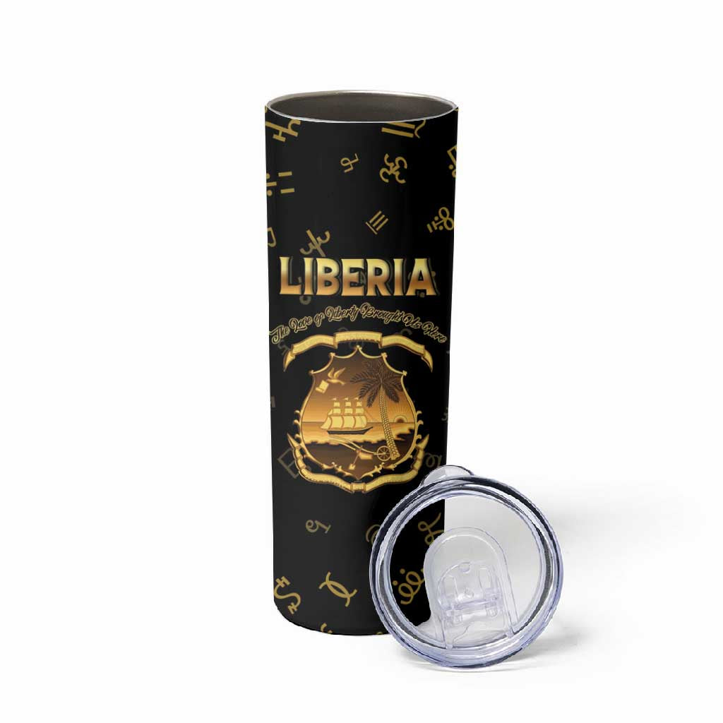 Personalized Liberia National Emblem Golden Skinny Tumbler Vai Syllabary Heritage - African Pride