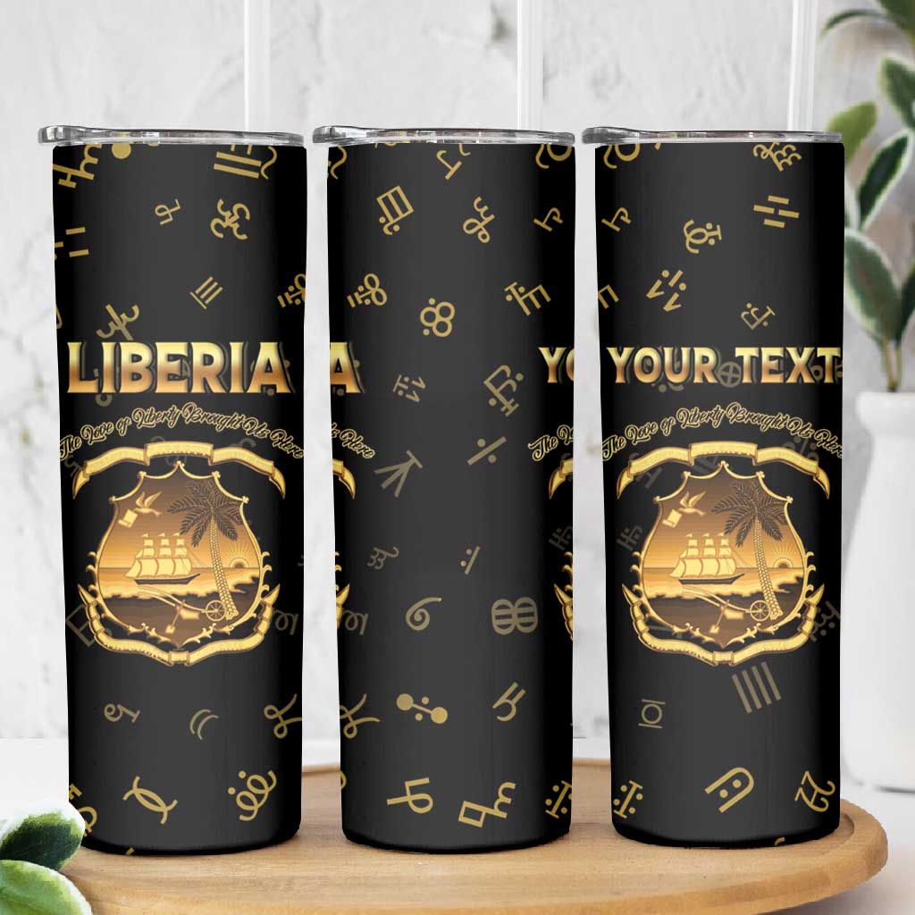 Personalized Liberia National Emblem Golden Skinny Tumbler Vai Syllabary Heritage - African Pride