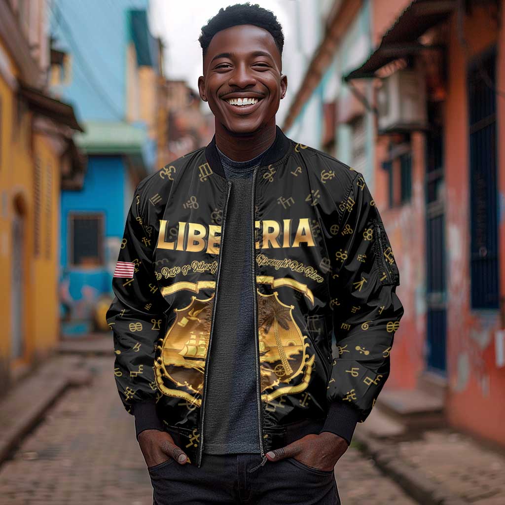 Personalized Liberia National Emblem Golden Sleeve Zip Bomber Jacket Vai Syllabary Heritage - African Pride