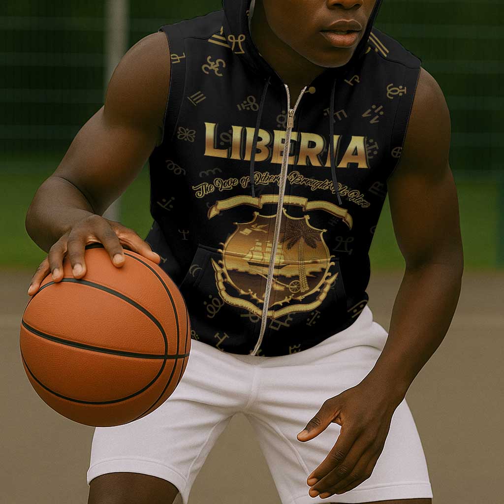 Personalized Liberia National Emblem Golden Sleeveless Zip Hoodie Vai Syllabary Heritage - African Pride