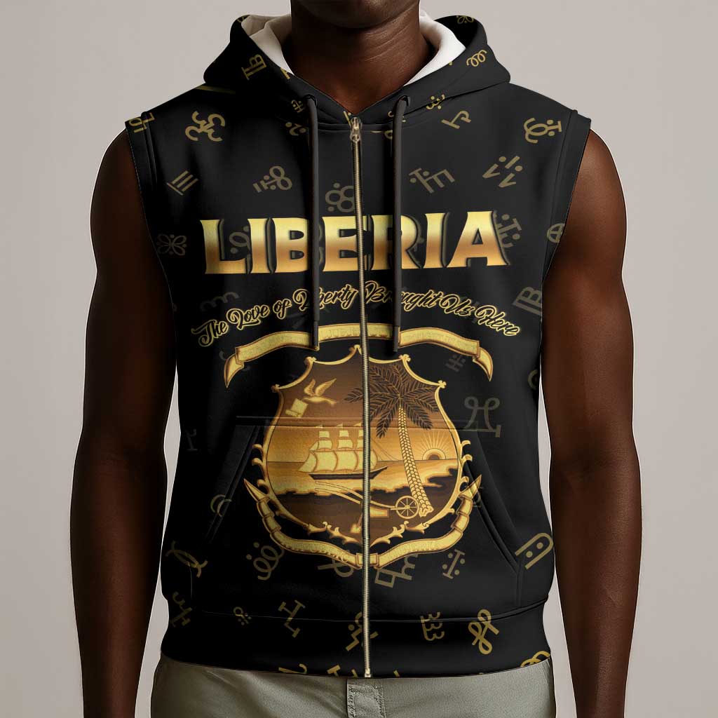 Personalized Liberia National Emblem Golden Sleeveless Zip Hoodie Vai Syllabary Heritage - African Pride