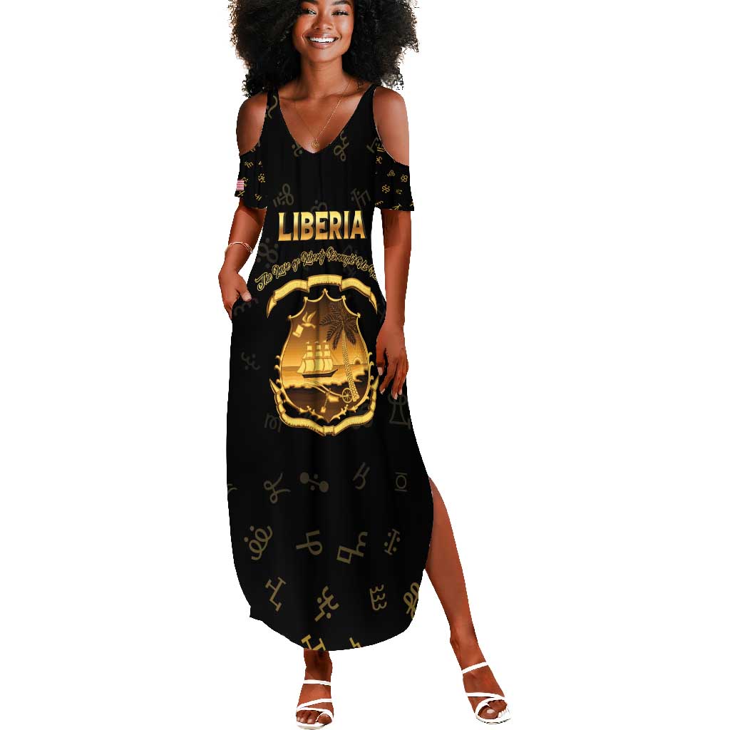 Personalized Liberia National Emblem Golden Summer Maxi Dress Vai Syllabary Heritage - African Pride