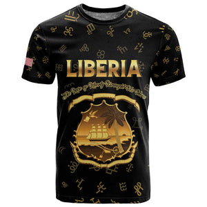 Personalized Liberia National Emblem Golden T shirt Vai Syllabary Heritage - African Pride