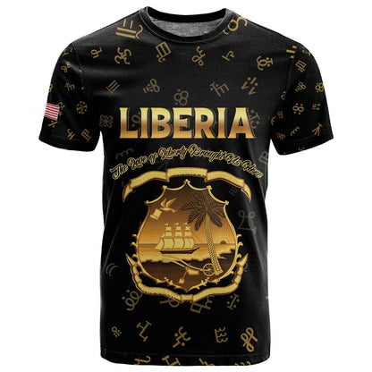 Personalized Liberia National Emblem Golden T shirt Vai Syllabary Heritage - African Pride