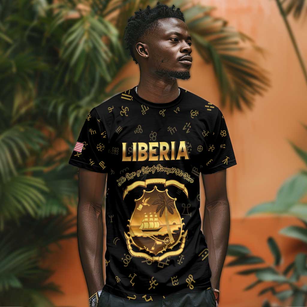 Personalized Liberia National Emblem Golden T shirt Vai Syllabary Heritage - African Pride