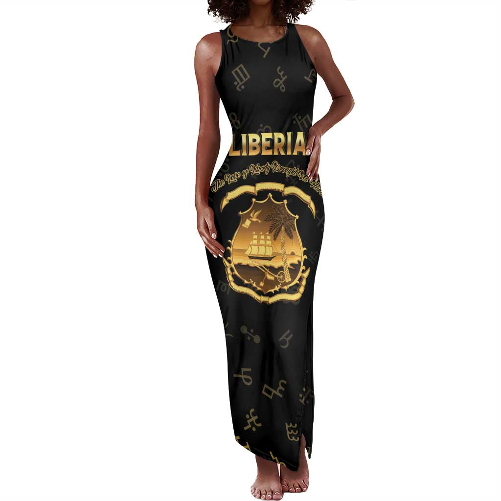 Personalized Liberia National Emblem Golden Tank Maxi Dress Vai Syllabary Heritage - African Pride