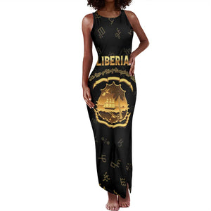 Personalized Liberia National Emblem Golden Tank Maxi Dress Vai Syllabary Heritage - African Pride