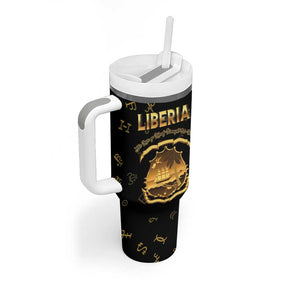 Personalized Liberia National Emblem Golden Tumbler With Handle Vai Syllabary Heritage - African Pride