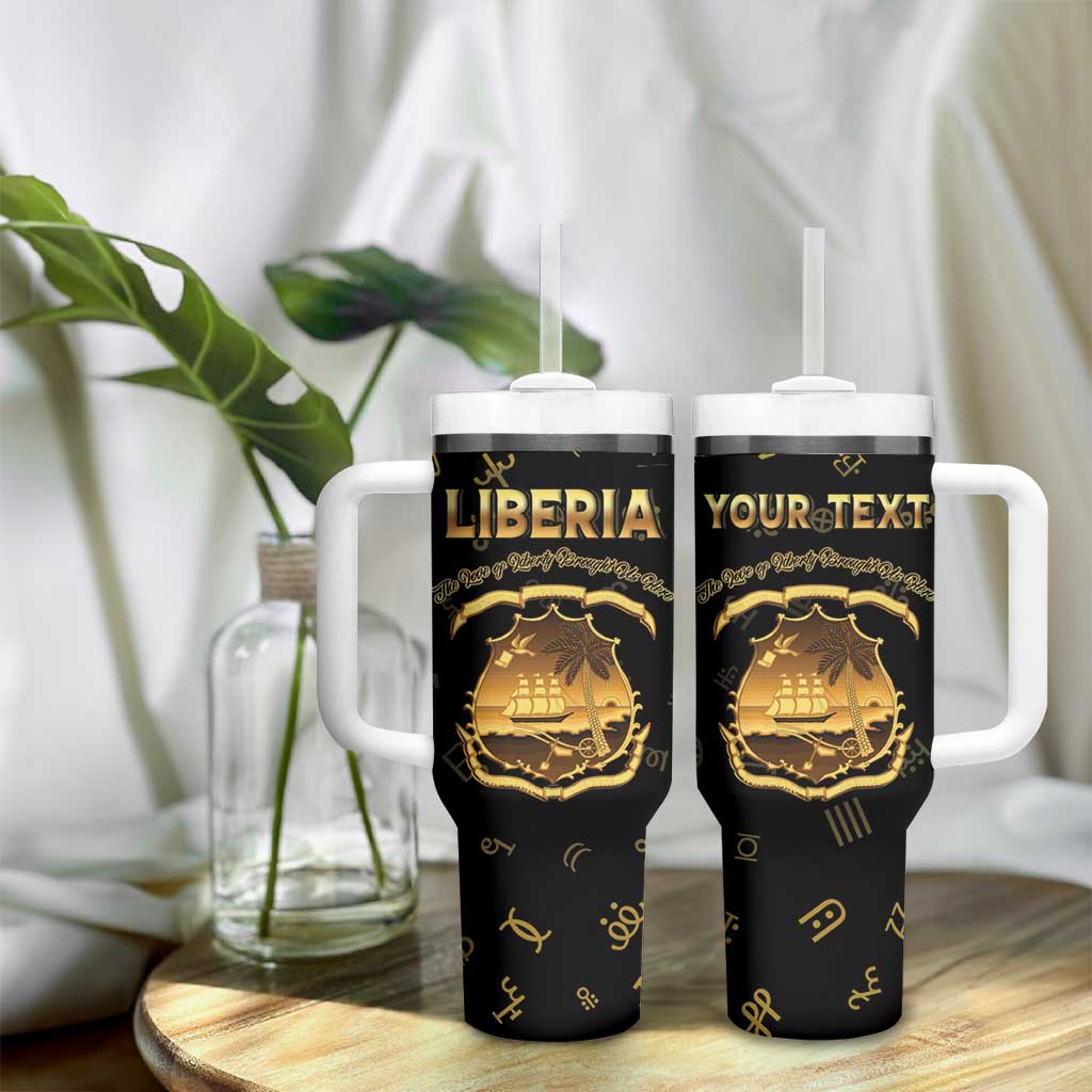 Personalized Liberia National Emblem Golden Tumbler With Handle Vai Syllabary Heritage - African Pride