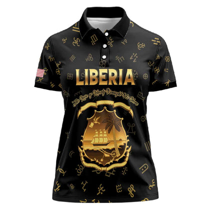 Personalized Liberia National Emblem Golden Women Polo Shirt Vai Syllabary Heritage - African Pride