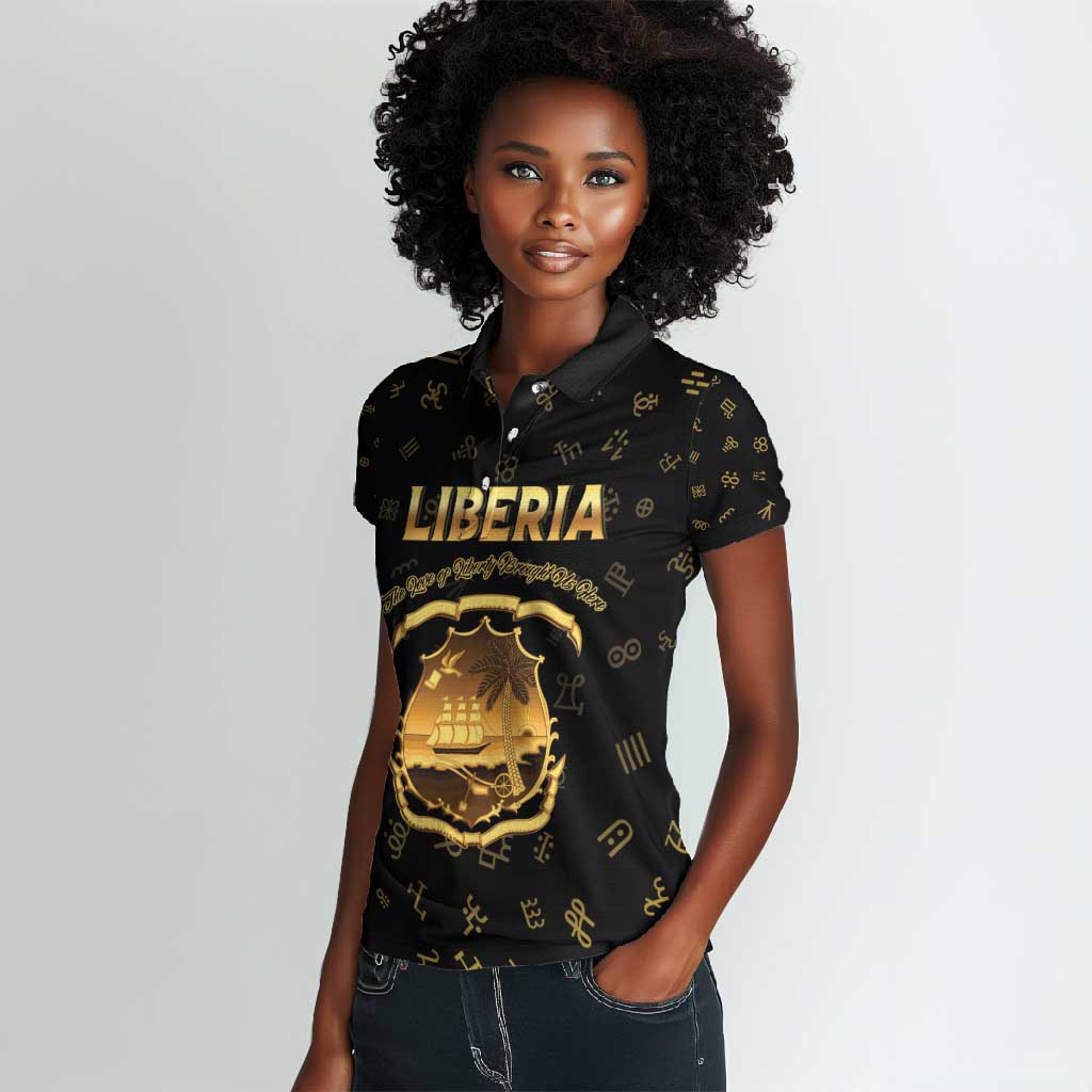 Personalized Liberia National Emblem Golden Women Polo Shirt Vai Syllabary Heritage - African Pride