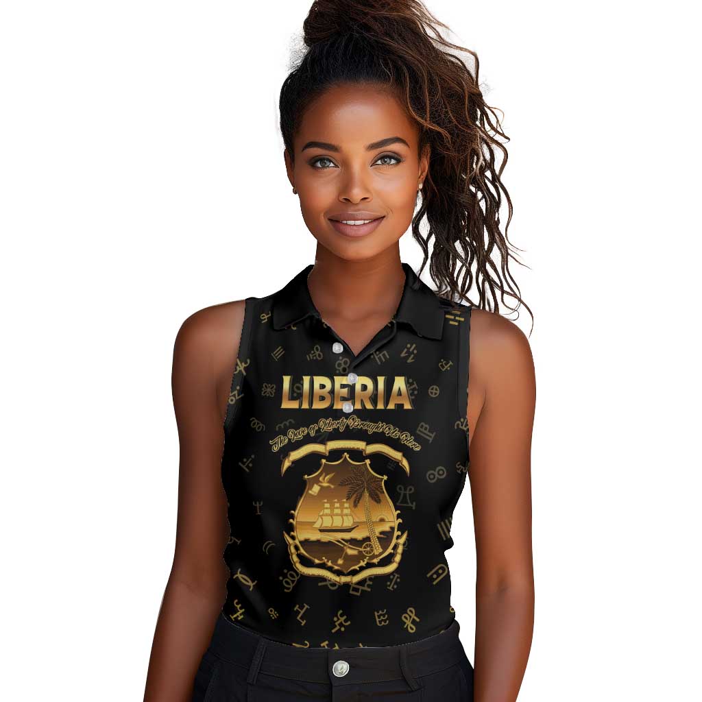 Personalized Liberia National Emblem Golden Women Sleeveless Polo Shirt Vai Syllabary Heritage - African Pride