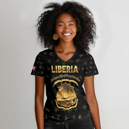 Personalized Liberia National Emblem Golden Women V-Neck T-Shirt Vai Syllabary Heritage - African Pride