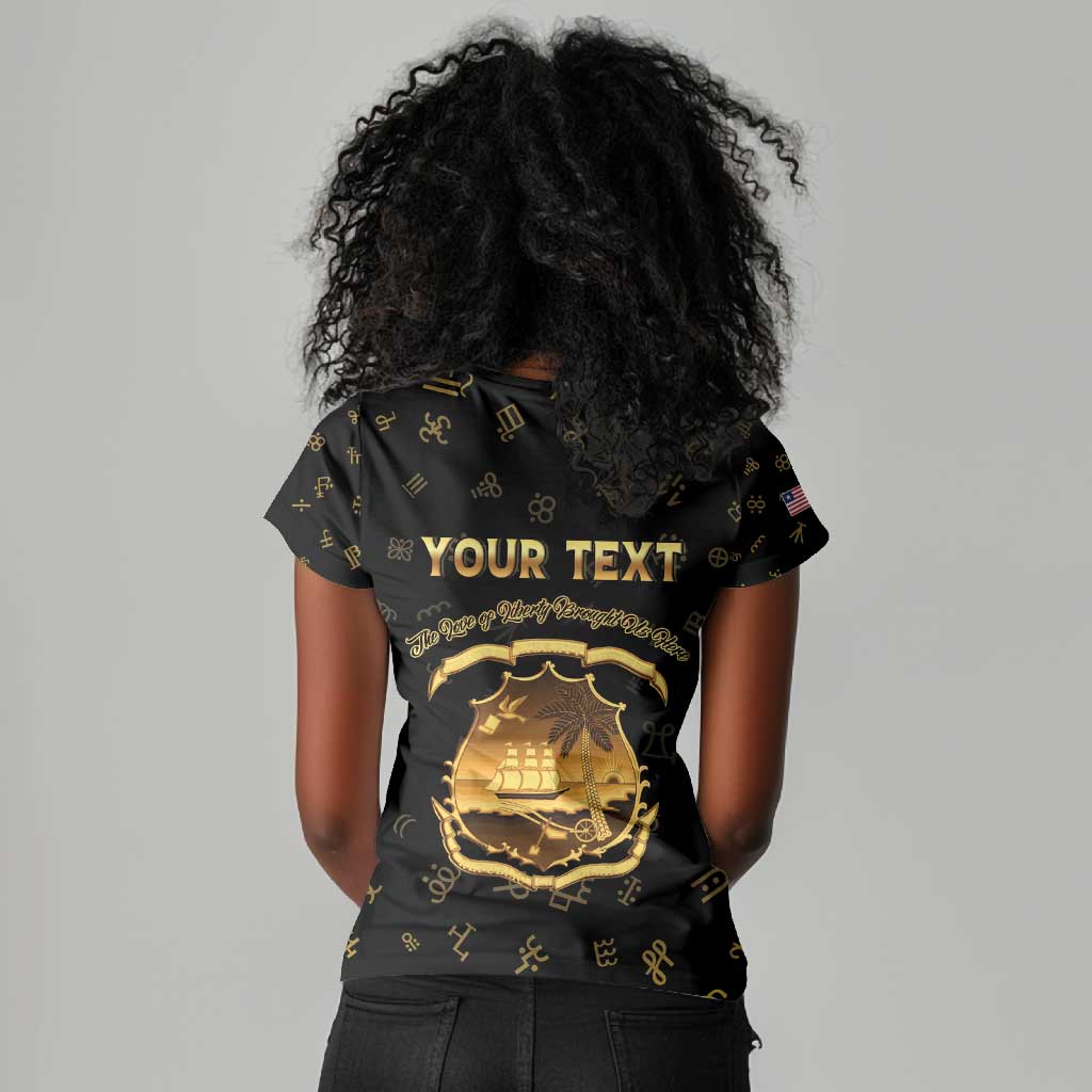 Personalized Liberia National Emblem Golden Women V-Neck T-Shirt Vai Syllabary Heritage - African Pride