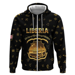 Personalized Liberia National Emblem Golden Zip Hoodie Vai Syllabary Heritage - African Pride