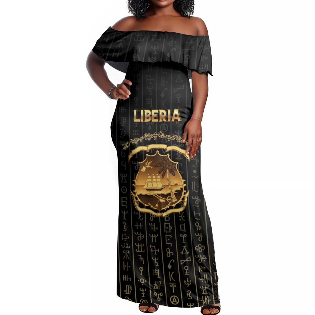 Personalized Liberia Off Shoulder Maxi Dress Vai Syllabary Pattern - African Pride