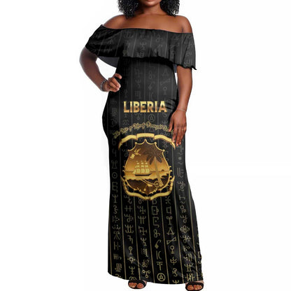 Personalized Liberia Off Shoulder Maxi Dress Vai Syllabary Pattern - African Pride