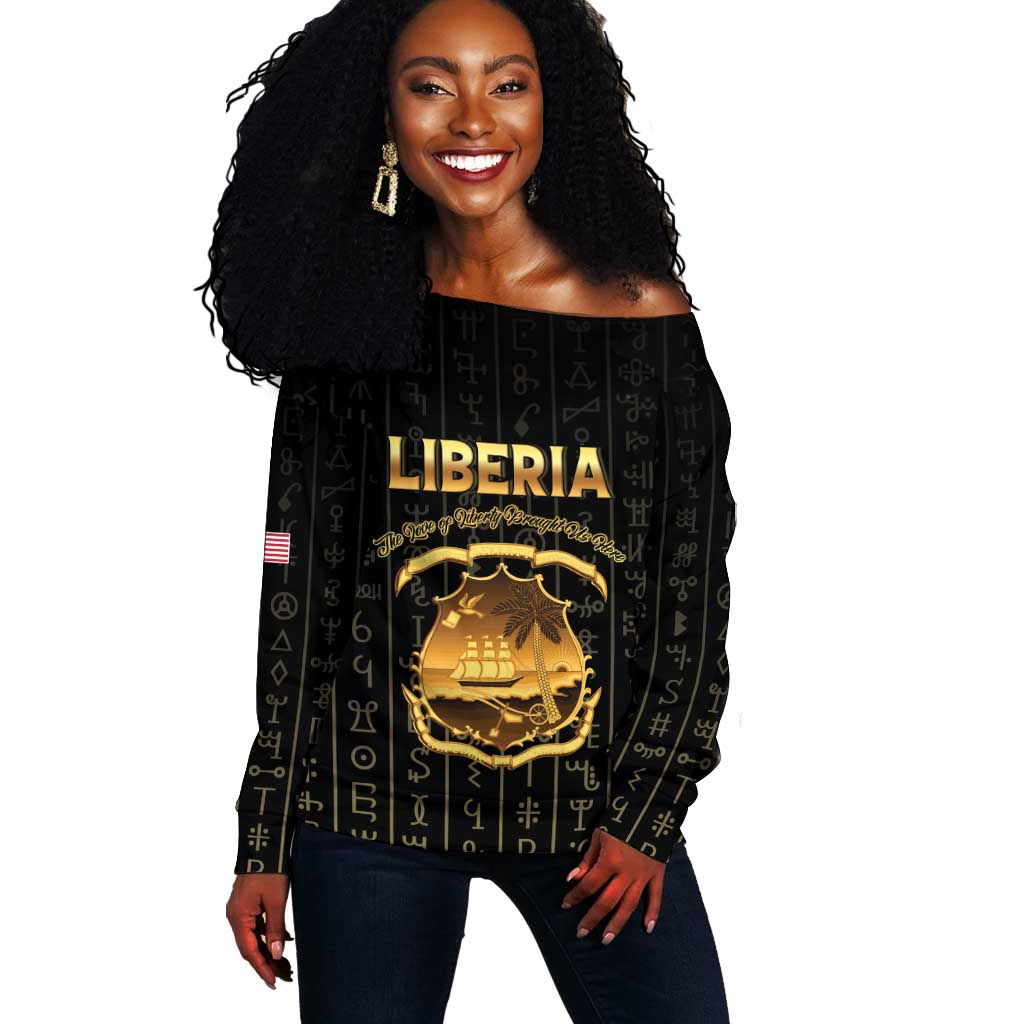 Personalized Liberia Off Shoulder Sweater Vai Syllabary Pattern - African Pride