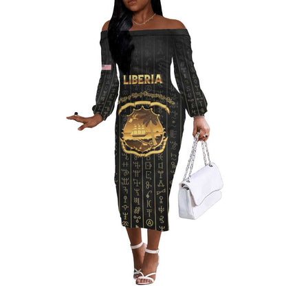 Personalized Liberia Off The Shoulder Long Sleeve Dress Vai Syllabary Pattern - African Pride