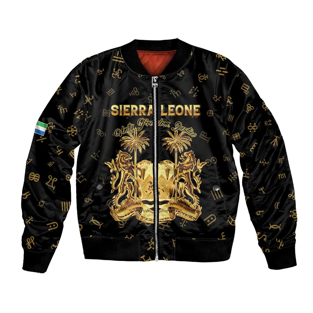 Personalized Sierra Leone National Emblem Golden Bomber Jacket Vai Syllabary Heritage - African Pride