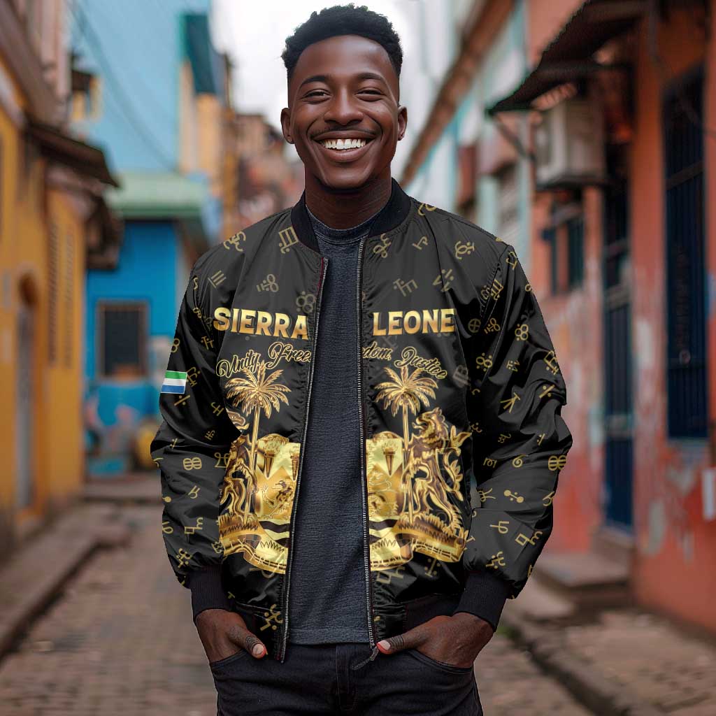 Personalized Sierra Leone National Emblem Golden Bomber Jacket Vai Syllabary Heritage - African Pride