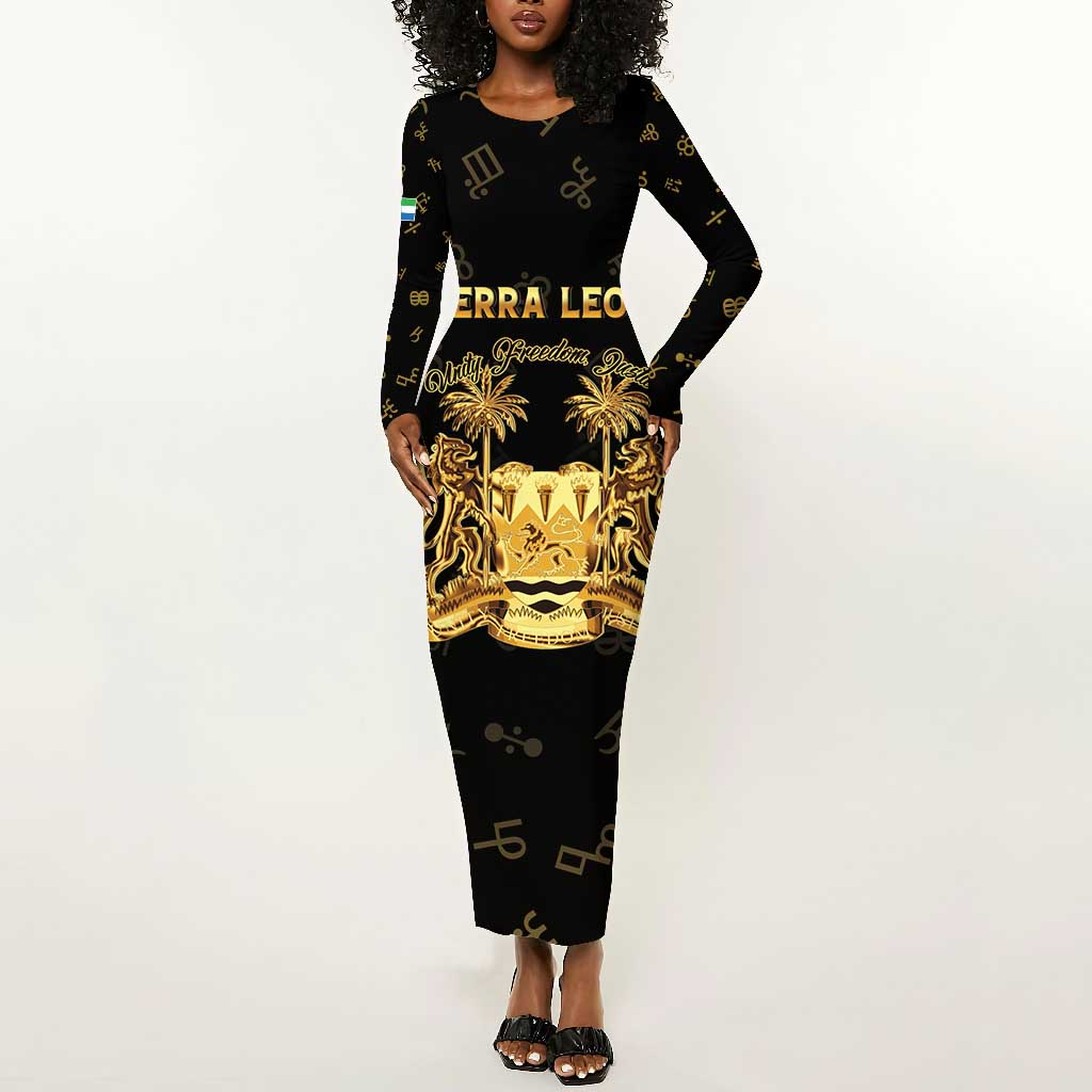 Personalized Sierra Leone National Emblem Golden Long Sleeve Bodycon Dress Vai Syllabary Heritage - African Pride