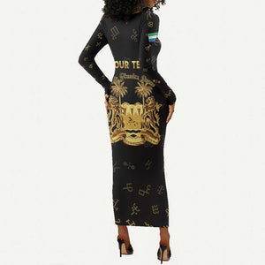 Personalized Sierra Leone National Emblem Golden Long Sleeve Bodycon Dress Vai Syllabary Heritage - African Pride