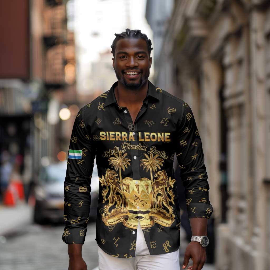 Personalized Sierra Leone National Emblem Golden Long Sleeve Button Shirt Vai Syllabary Heritage - African Pride