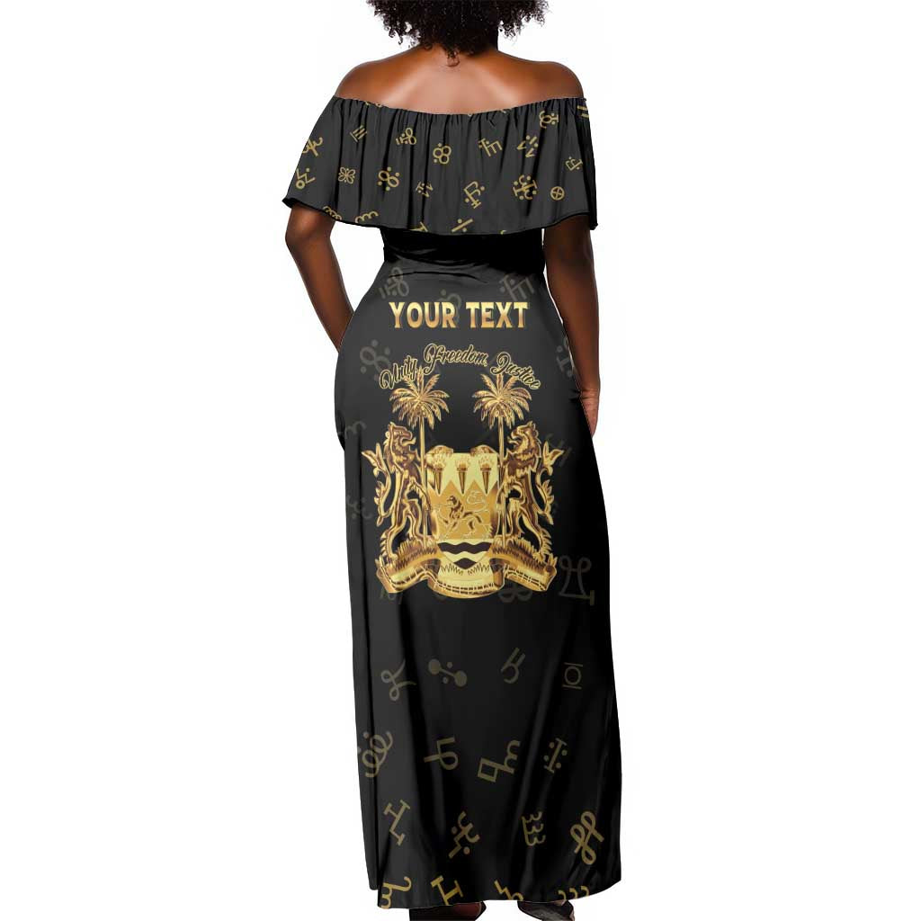 Personalized Sierra Leone National Emblem Golden Off Shoulder Maxi Dress Vai Syllabary Heritage - African Pride