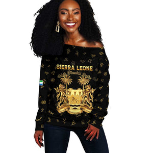 Personalized Sierra Leone National Emblem Golden Off Shoulder Sweater Vai Syllabary Heritage - African Pride