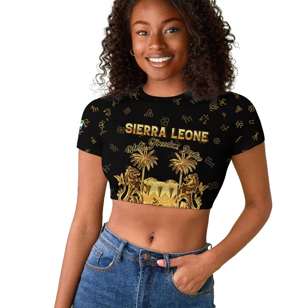 Personalized Sierra Leone National Emblem Golden Raglan Cropped T shirt Vai Syllabary Heritage - African Pride
