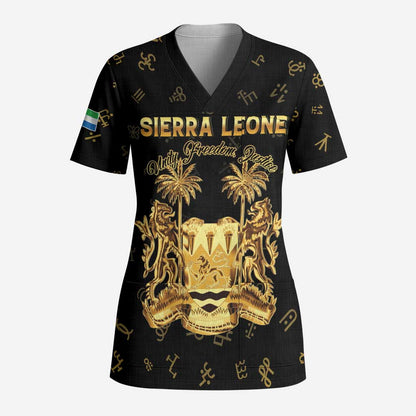Personalized Sierra Leone National Emblem Golden Scrub Top Vai Syllabary Heritage - African Pride