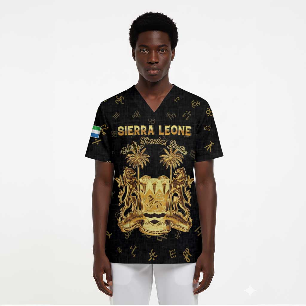 Personalized Sierra Leone National Emblem Golden Scrub Top Vai Syllabary Heritage - African Pride