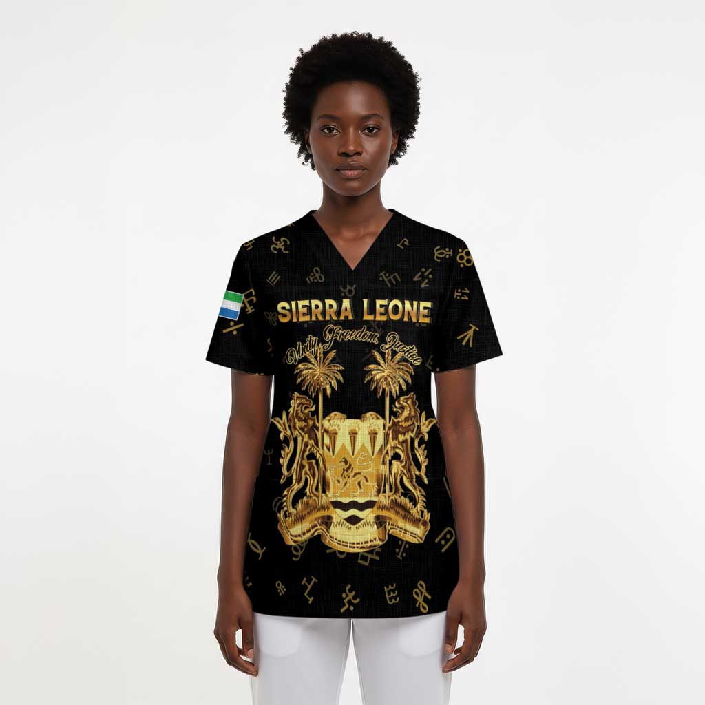 Personalized Sierra Leone National Emblem Golden Scrub Top Vai Syllabary Heritage - African Pride