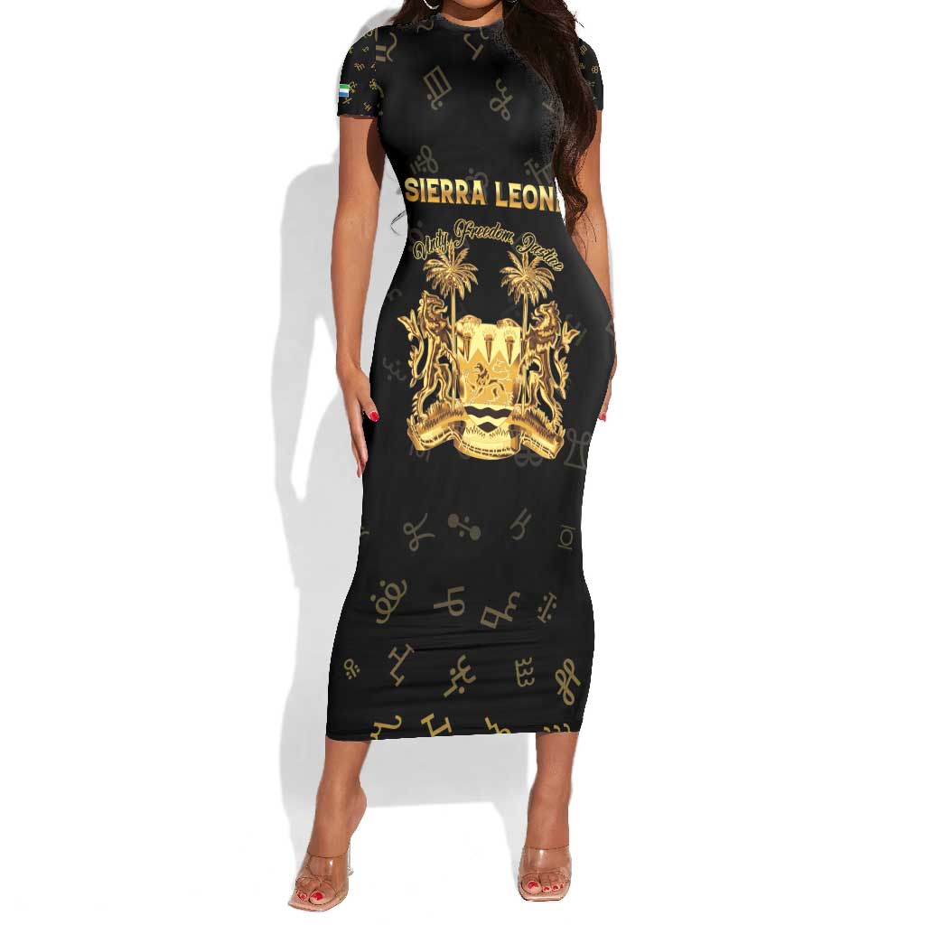 Personalized Sierra Leone National Emblem Golden Short Sleeve Bodycon Dress Vai Syllabary Heritage - African Pride