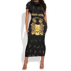 Personalized Sierra Leone National Emblem Golden Short Sleeve Bodycon Dress Vai Syllabary Heritage - African Pride