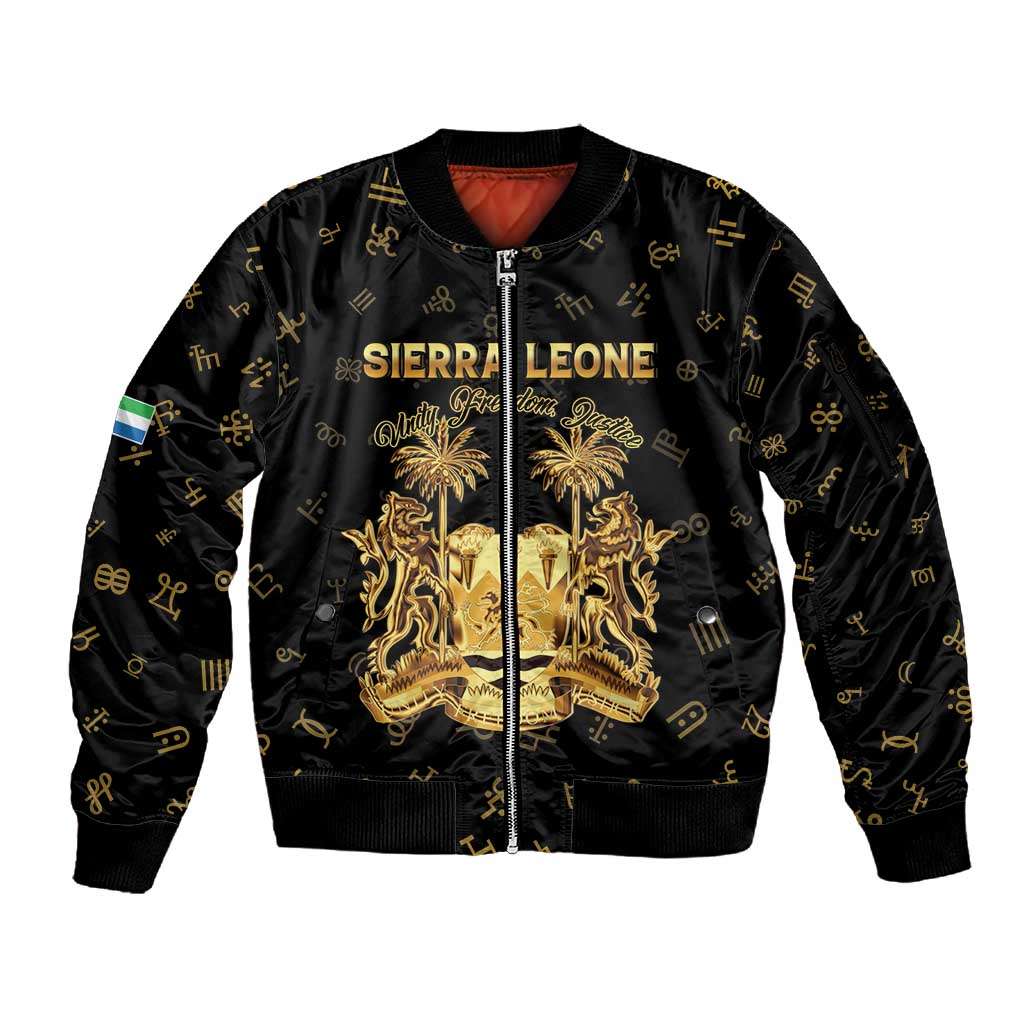 Personalized Sierra Leone National Emblem Golden Sleeve Zip Bomber Jacket Vai Syllabary Heritage - African Pride