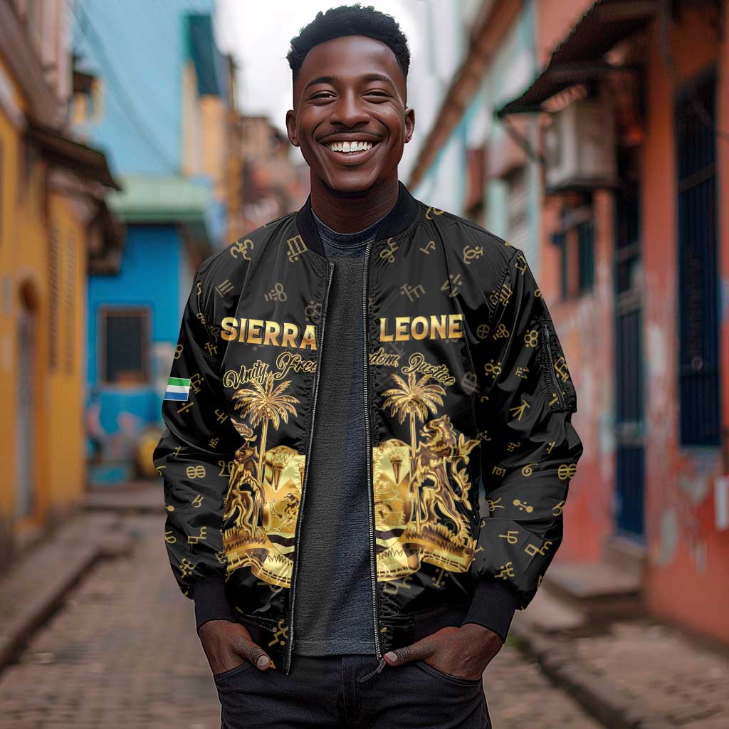 Personalized Sierra Leone National Emblem Golden Sleeve Zip Bomber Jacket Vai Syllabary Heritage - African Pride