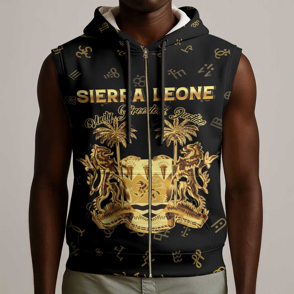 Personalized Sierra Leone National Emblem Golden Sleeveless Zip Hoodie Vai Syllabary Heritage - African Pride