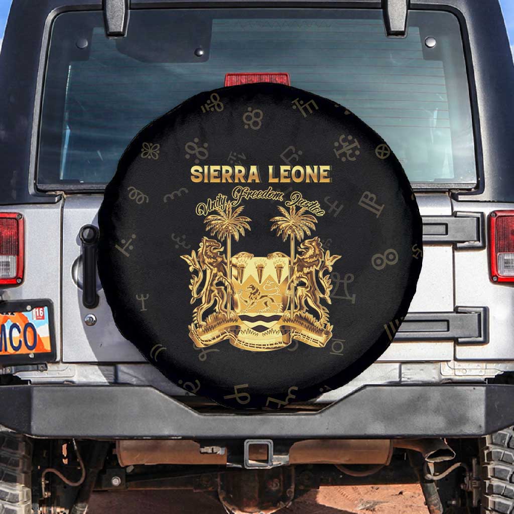 Sierra Leone National Emblem Golden Spare Tire Cover Vai Syllabary Heritage - African Pride