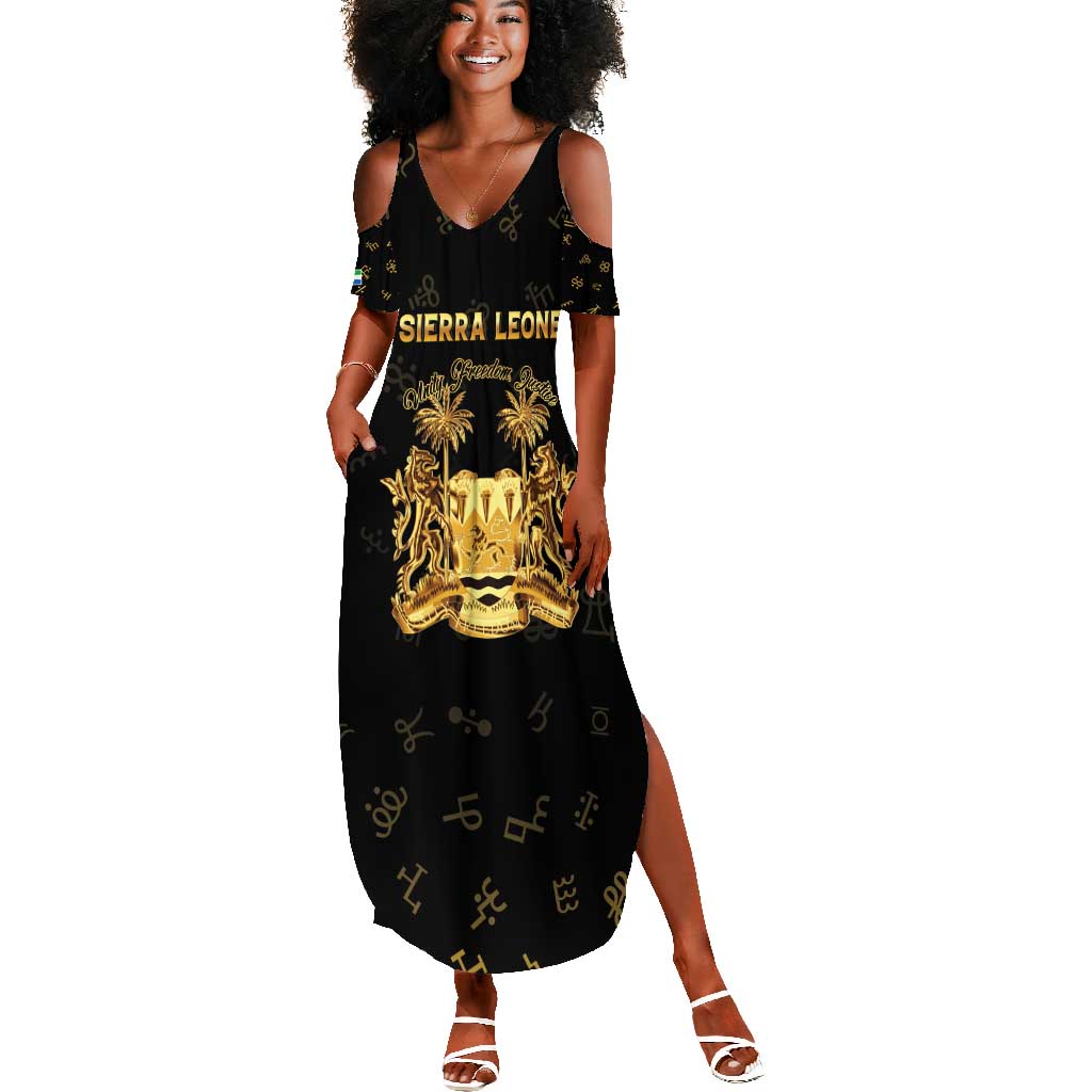 Personalized Sierra Leone National Emblem Golden Summer Maxi Dress Vai Syllabary Heritage - African Pride