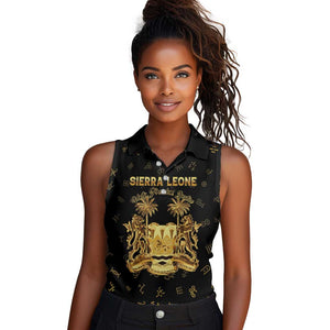 Personalized Sierra Leone National Emblem Golden Women Sleeveless Polo Shirt Vai Syllabary Heritage - African Pride