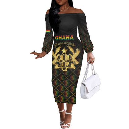 Personalized Ghana Gold Emblem Off The Shoulder Long Sleeve Dress The Heart of Gold of Africa - African Pride