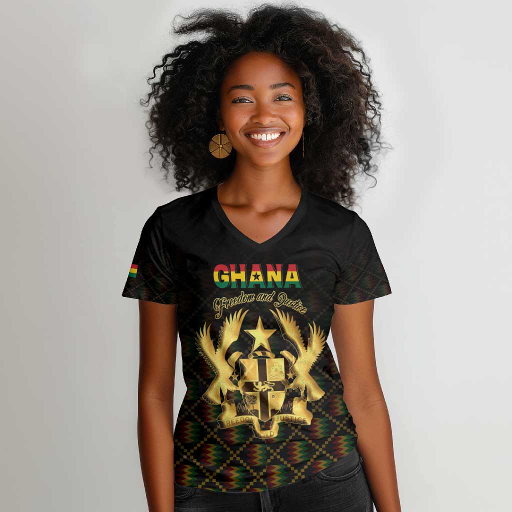 Personalized Ghana Gold Emblem Women V-Neck T-Shirt The Heart of Gold of Africa - African Pride