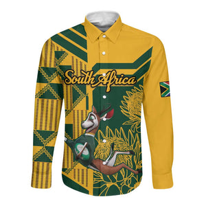 Custom South Africa Rugby Long Sleeve Button Shirt Springboks With Protea Cynaroides