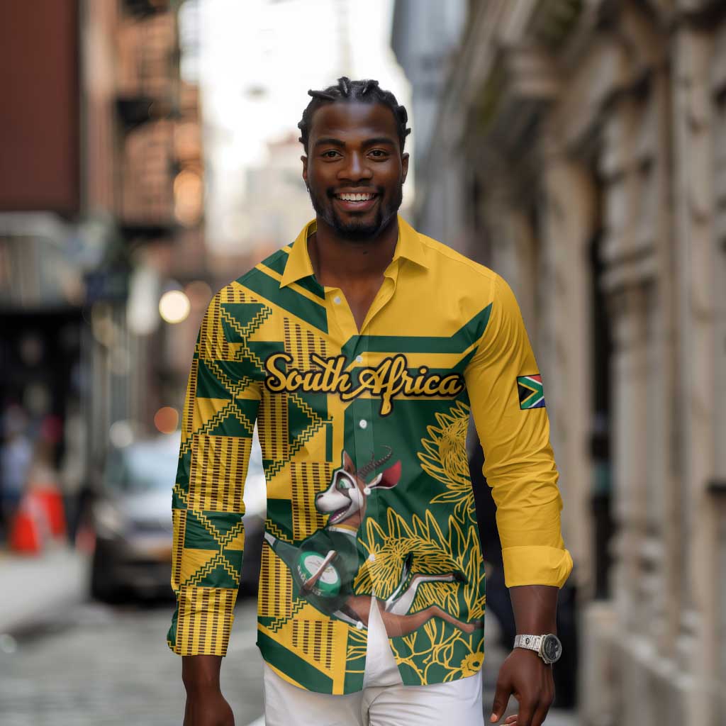 Custom South Africa Rugby Long Sleeve Button Shirt Springboks With Protea Cynaroides