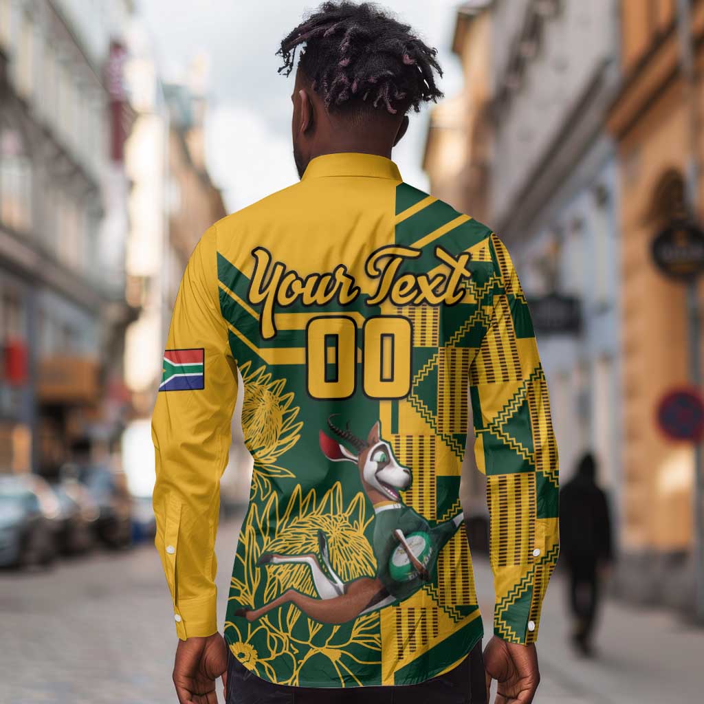 Custom South Africa Rugby Long Sleeve Button Shirt Springboks With Protea Cynaroides