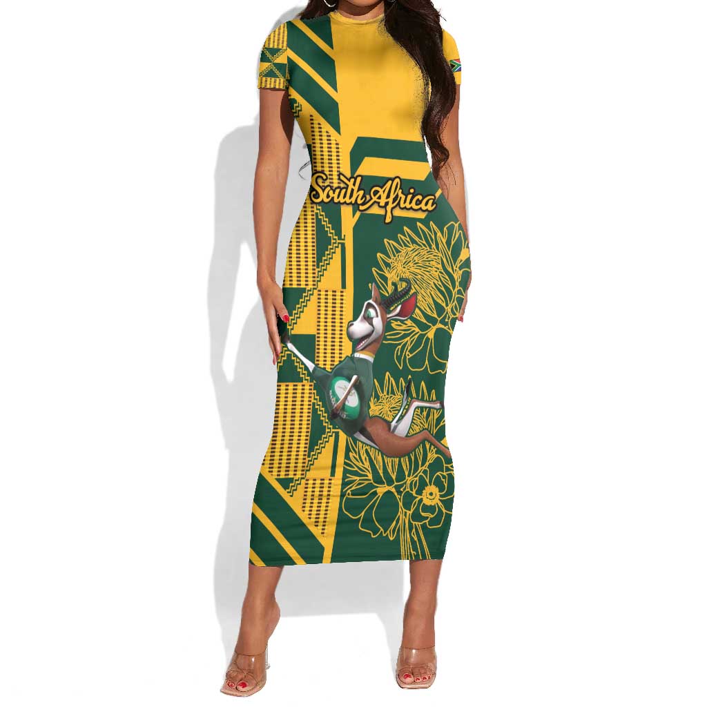 Custom South Africa Rugby Short Sleeve Bodycon Dress Springboks With Protea Cynaroides LT18