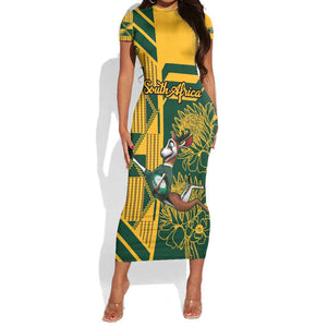 Custom South Africa Rugby Short Sleeve Bodycon Dress Springboks With Protea Cynaroides LT18